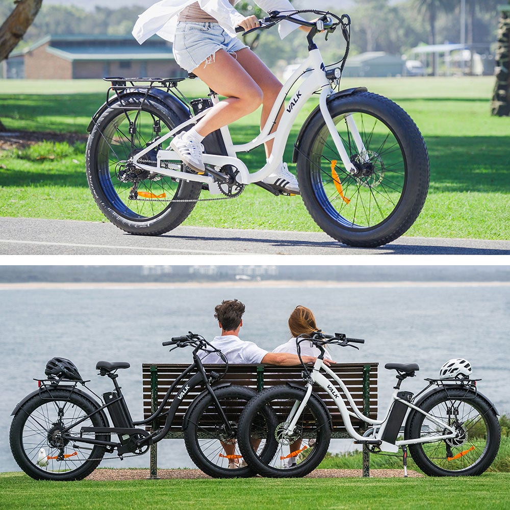 VALK Electric Fat Tyre Cruiser Bike, with Throttle, Step-Through eBike, White