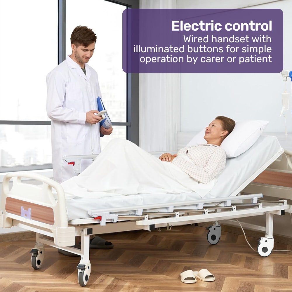 EQUIPMED Electric 8 Function Medical Bed , w/ Mattress & Over Bed Table, Adjustable Back and Leg Lifting, Lateral Tilting, Commode Bowl, IV Pole