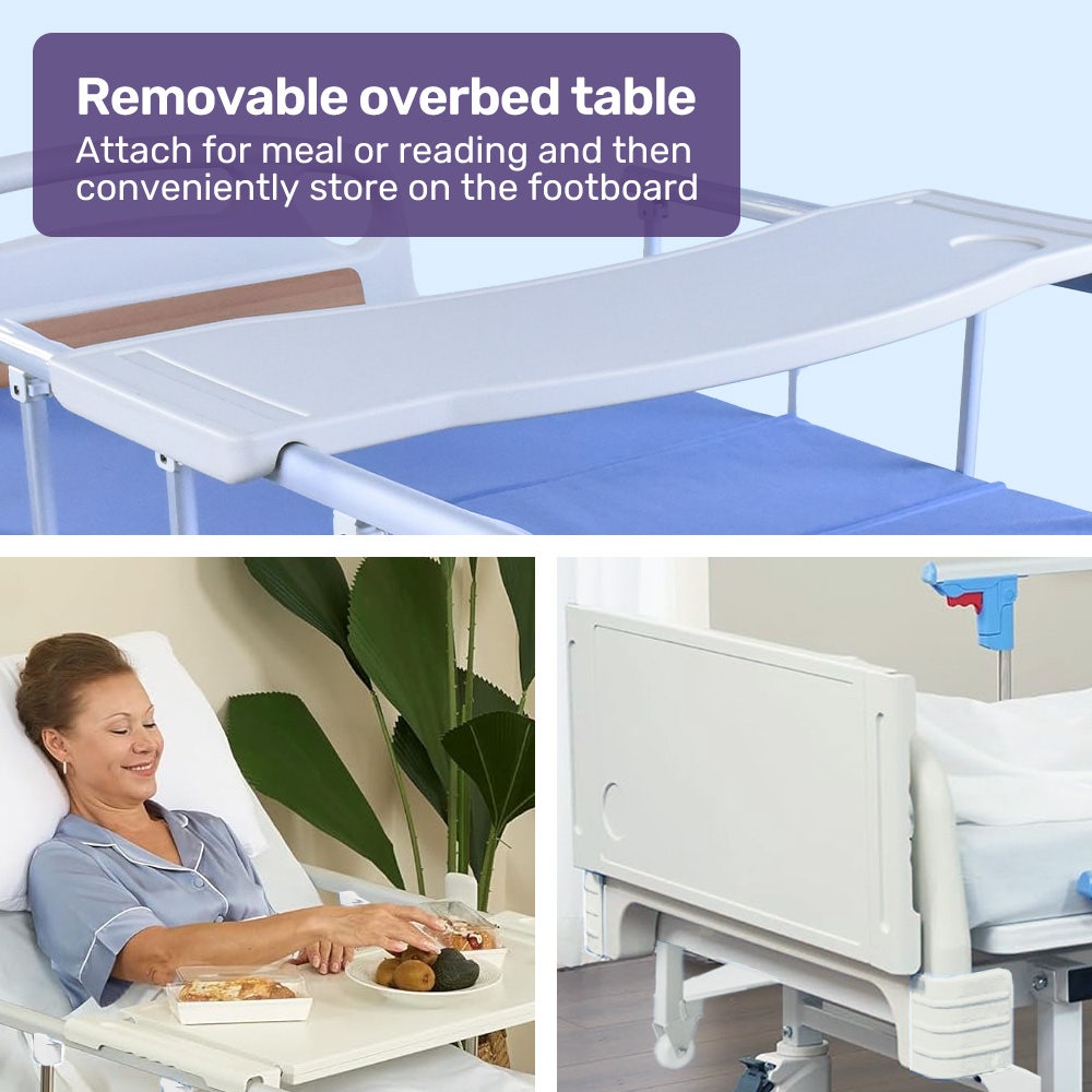 EQUIPMED Electric 8 Function Medical Bed , w/ Mattress & Over Bed Table, Adjustable Back and Leg Lifting, Lateral Tilting, Commode Bowl, IV Pole