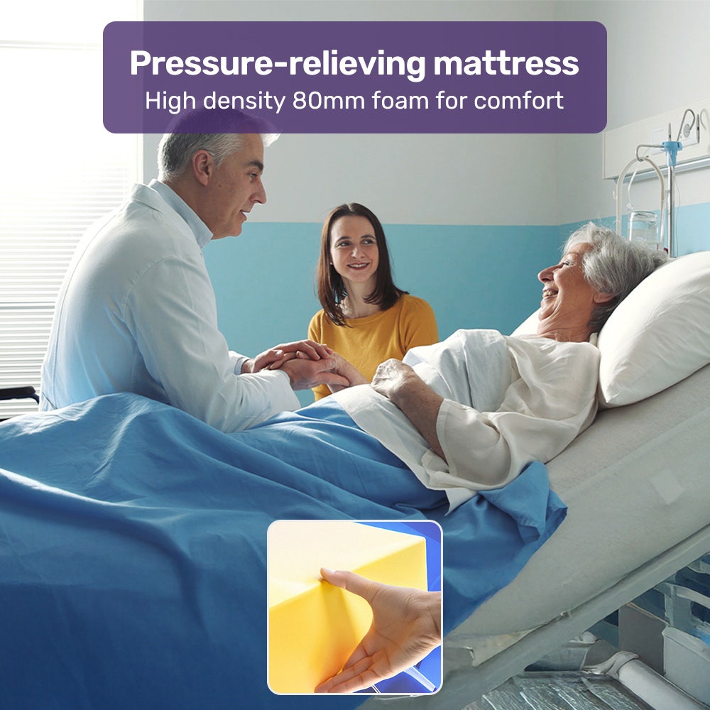EQUIPMED Electric 8 Function Medical Bed , w/ Mattress & Over Bed Table, Adjustable Back and Leg Lifting, Lateral Tilting, Commode Bowl, IV Pole