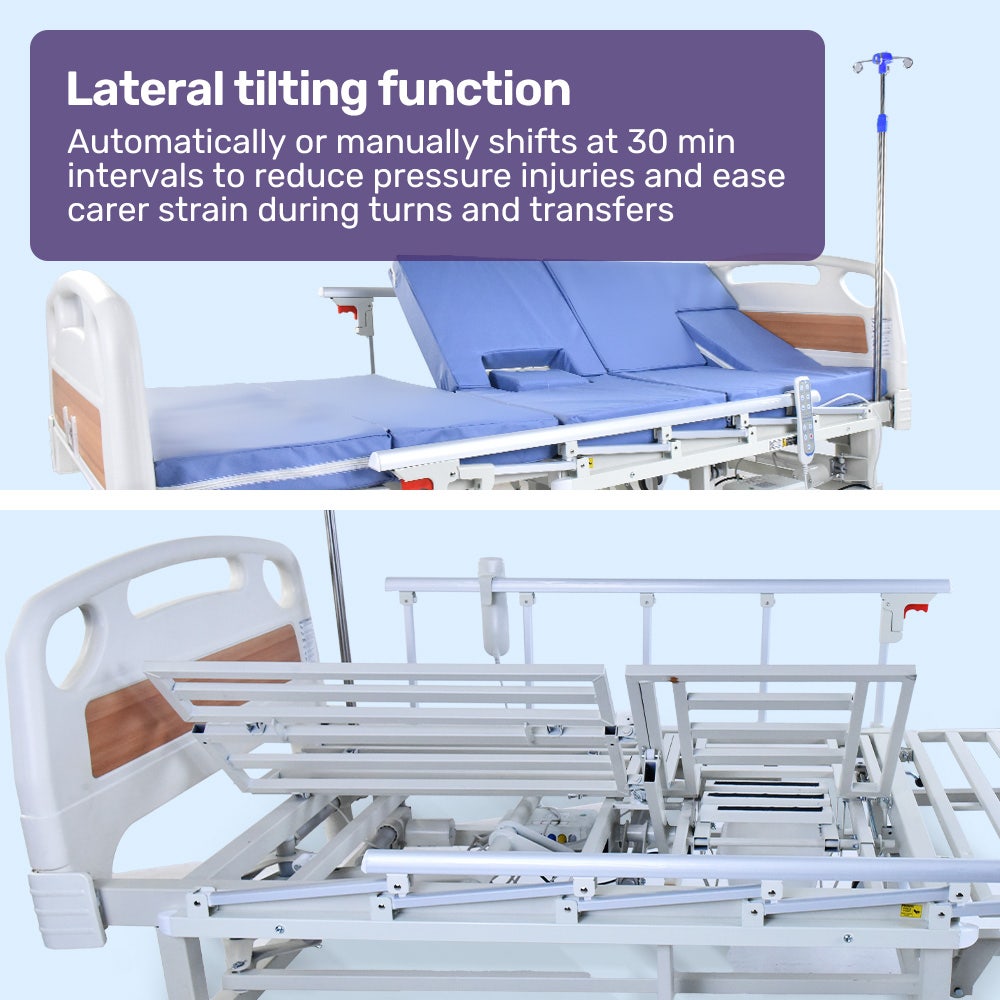 EQUIPMED Electric 8 Function Medical Bed , w/ Mattress & Over Bed Table, Adjustable Back and Leg Lifting, Lateral Tilting, Commode Bowl, IV Pole
