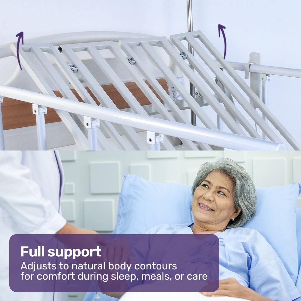 EQUIPMED Electric 8 Function Medical Bed , w/ Mattress & Over Bed Table, Adjustable Back and Leg Lifting, Lateral Tilting, Commode Bowl, IV Pole