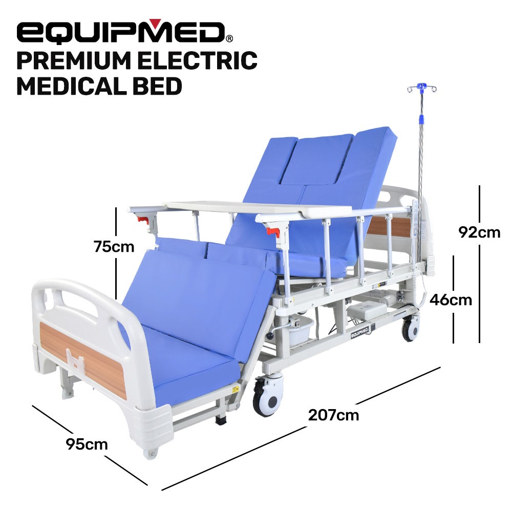 EQUIPMED Electric 8 Function Medical Bed , w/ Mattress & Over Bed Table, Adjustable Back and Leg Lifting, Lateral Tilting, Commode Bowl, IV Pole