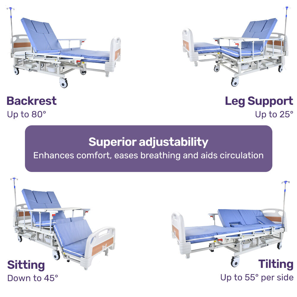 Equipmed Adjustable Medical Bed with Mattress, Over Bed Table, Lateral Tilt, Commode, IV Pole