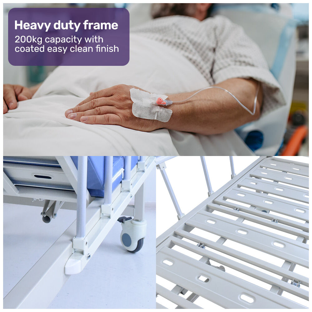 Equipmed Adjustable Medical Bed with Mattress, Over Bed Table, Lateral Tilt, Commode, IV Pole