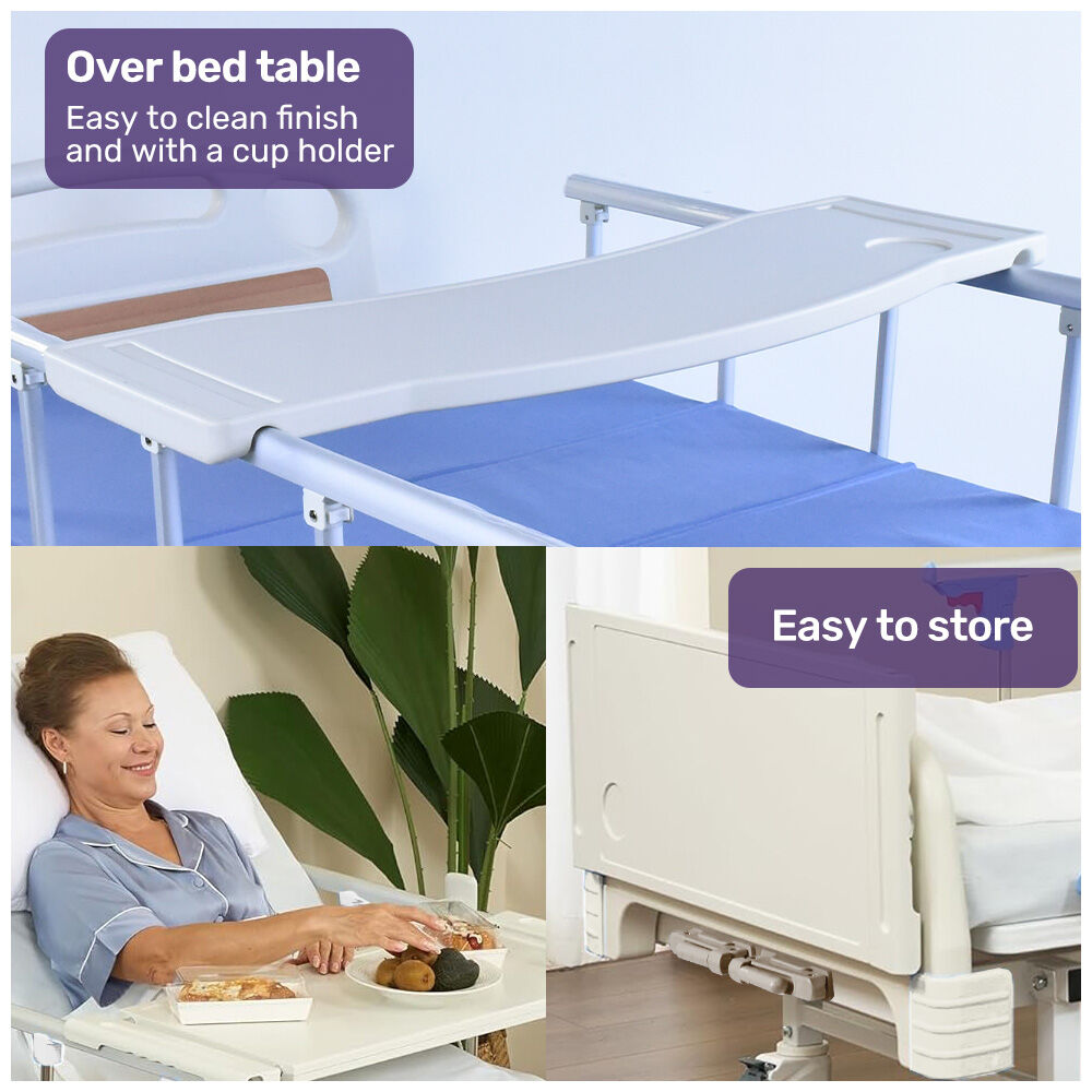 Equipmed Adjustable Medical Bed with Mattress, Over Bed Table, Lateral Tilt, Commode, IV Pole