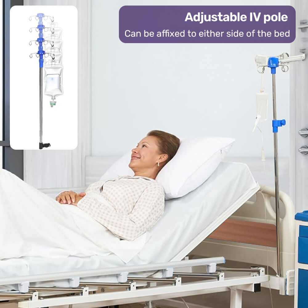 Equipmed Adjustable Medical Bed with Mattress, Over Bed Table, Lateral Tilt, Commode, IV Pole