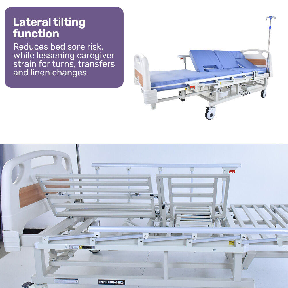 Equipmed Adjustable Medical Bed with Mattress, Over Bed Table, Lateral Tilt, Commode, IV Pole
