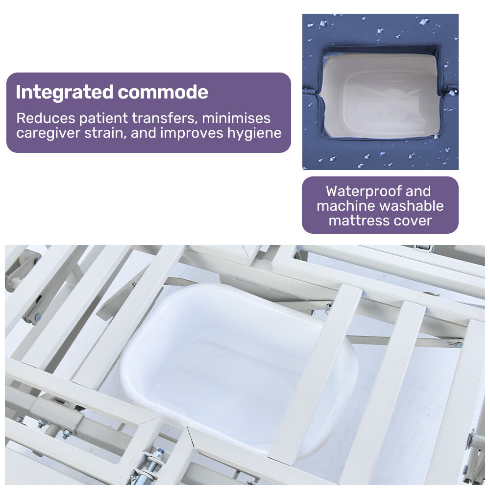 Equipmed Adjustable Medical Bed with Mattress, Over Bed Table, Lateral Tilt, Commode, IV Pole