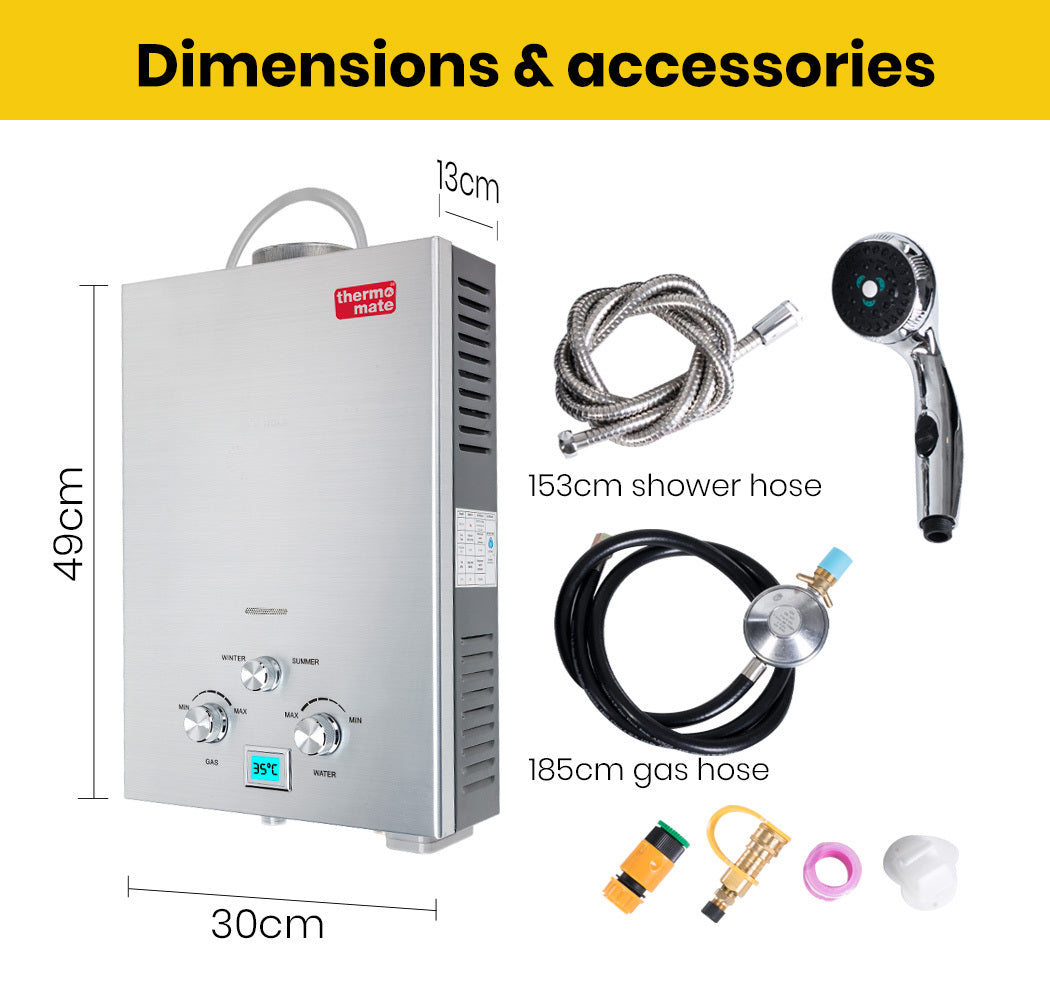 Portable Gas Water Heater, LCD Display, 8L/Min | Thermomate