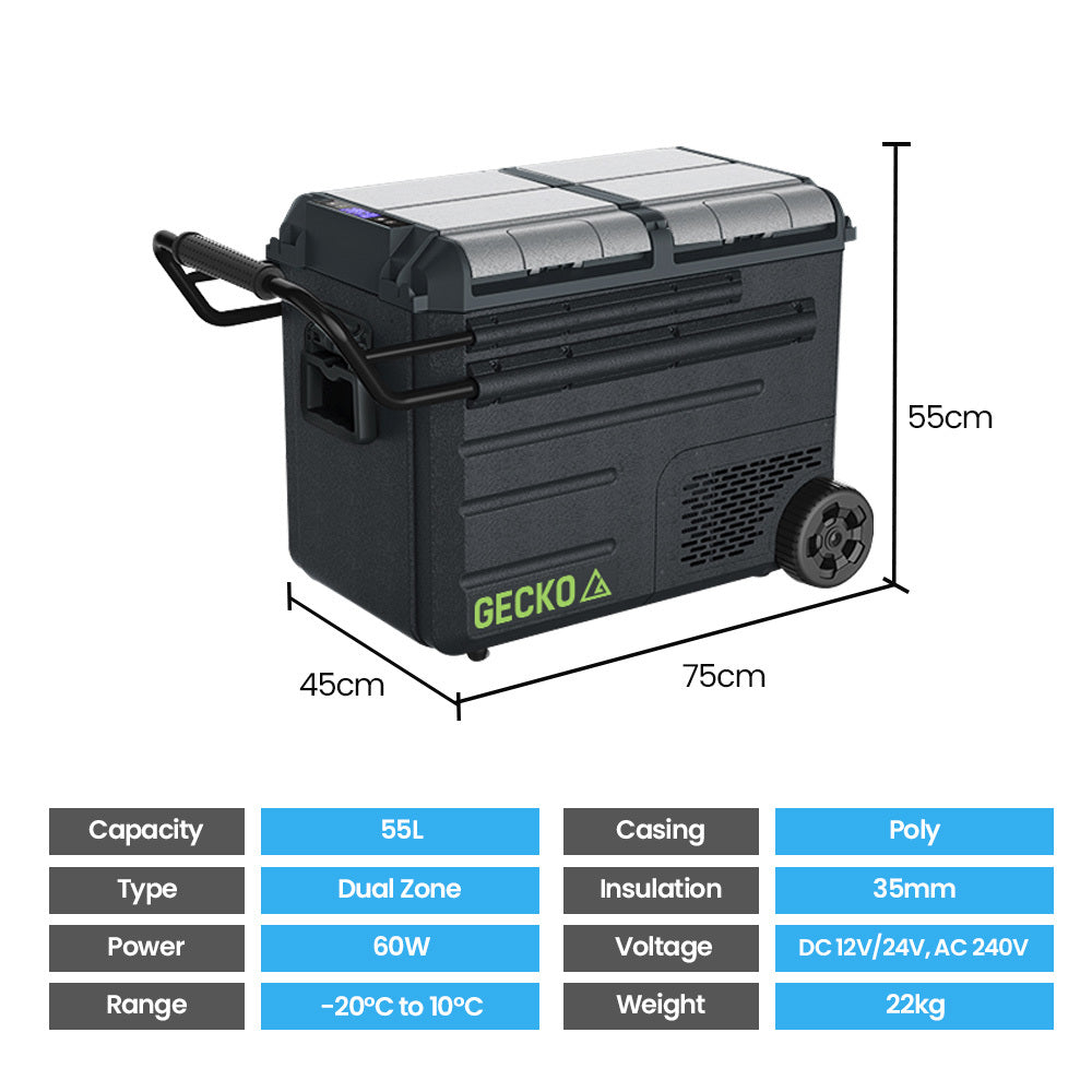 55L Dual Zone Portable Fridge Freezer, Lithium Battery, Gecko