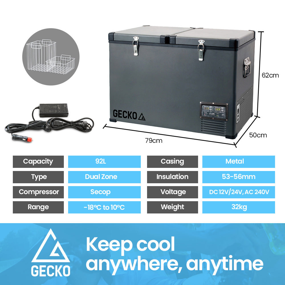 Dual Zone 92L Portable Fridge/Freezer, SECOP Compressor, Gecko