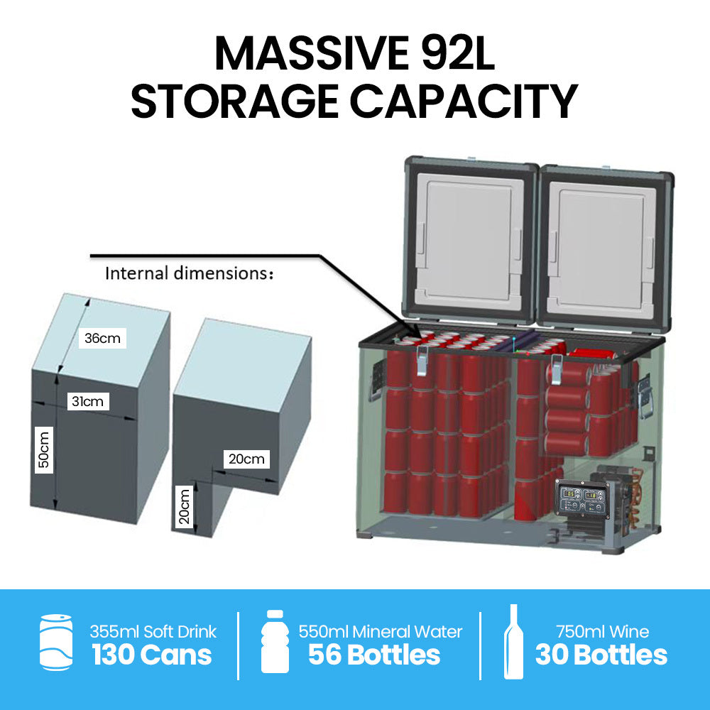 Dual Zone 92L Portable Fridge/Freezer, SECOP Compressor, Gecko