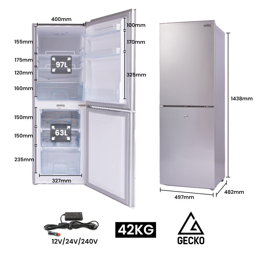 Gecko 160L Upright Portable Fridge Freezer Motorhome Caravan Silver