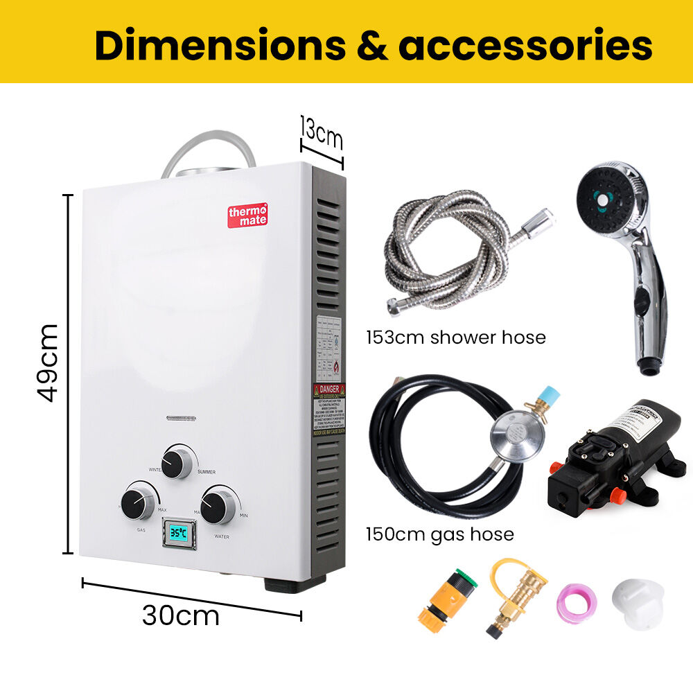 Thermomate Portable Gas Camping Hot Water Heater 12V Pump Shower White