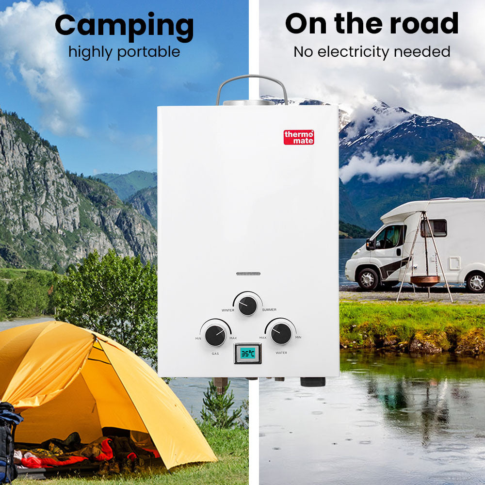 Thermomate Portable Gas Camping Hot Water Heater 12V Pump Shower White