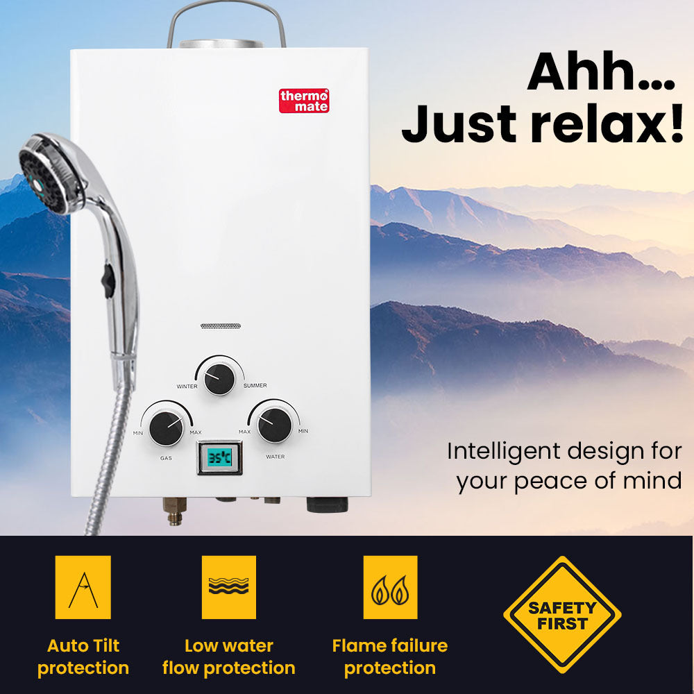 Thermomate Portable Gas Camping Hot Water Heater 12V Pump Shower White