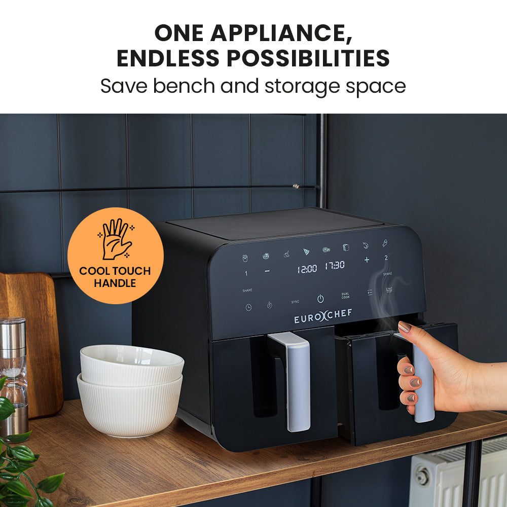 EuroChef 9L Dual Zone Air Fryer Twin Drawers Black/Silver