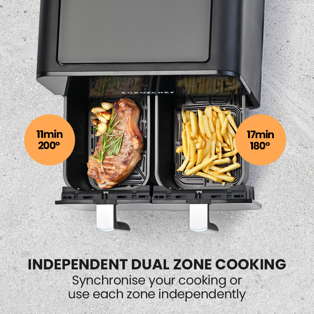 EuroChef 9L Dual Zone Air Fryer Twin Drawers Black/Silver