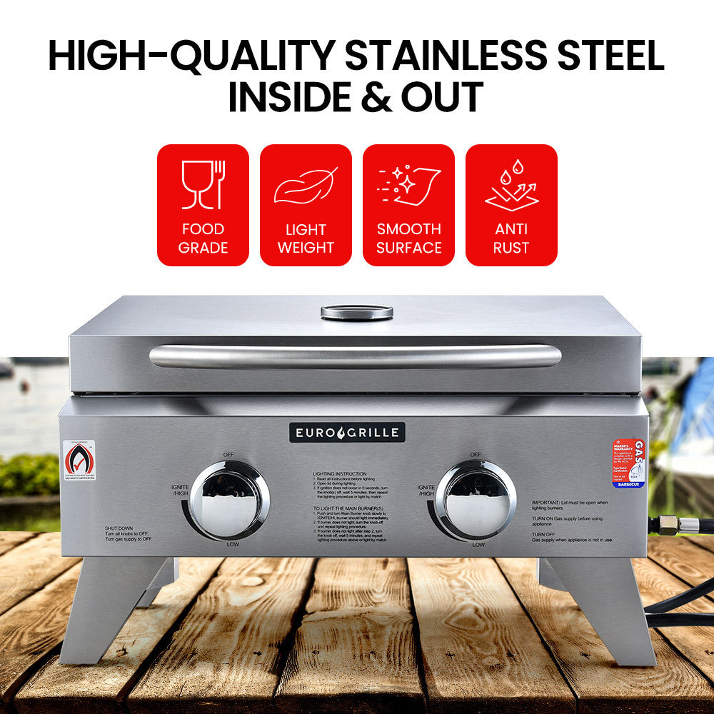 20,000 BTU Portable 2-Burner Stainless Steel BBQ - EuroGrille