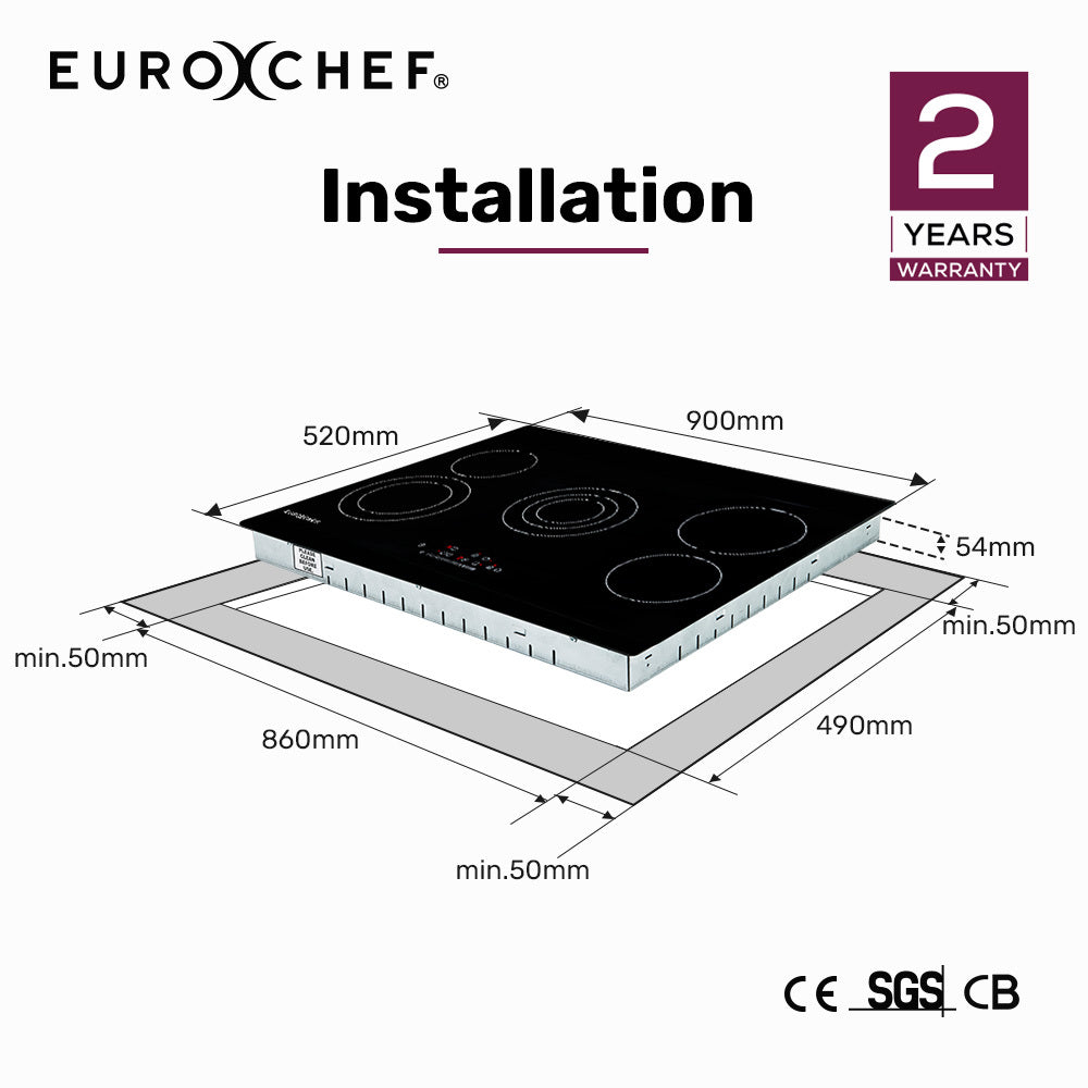 EuroChef 90cm 5 Zone Ceramic Cooktop 8900W Electric FlexiZone Touch Controls