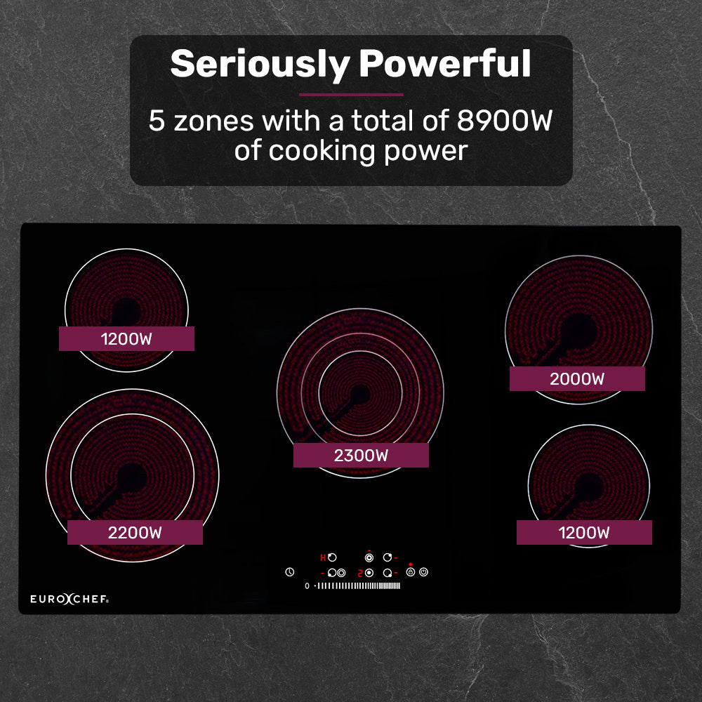 EuroChef 90cm 5 Zone Ceramic Cooktop 8900W Electric FlexiZone Touch Controls