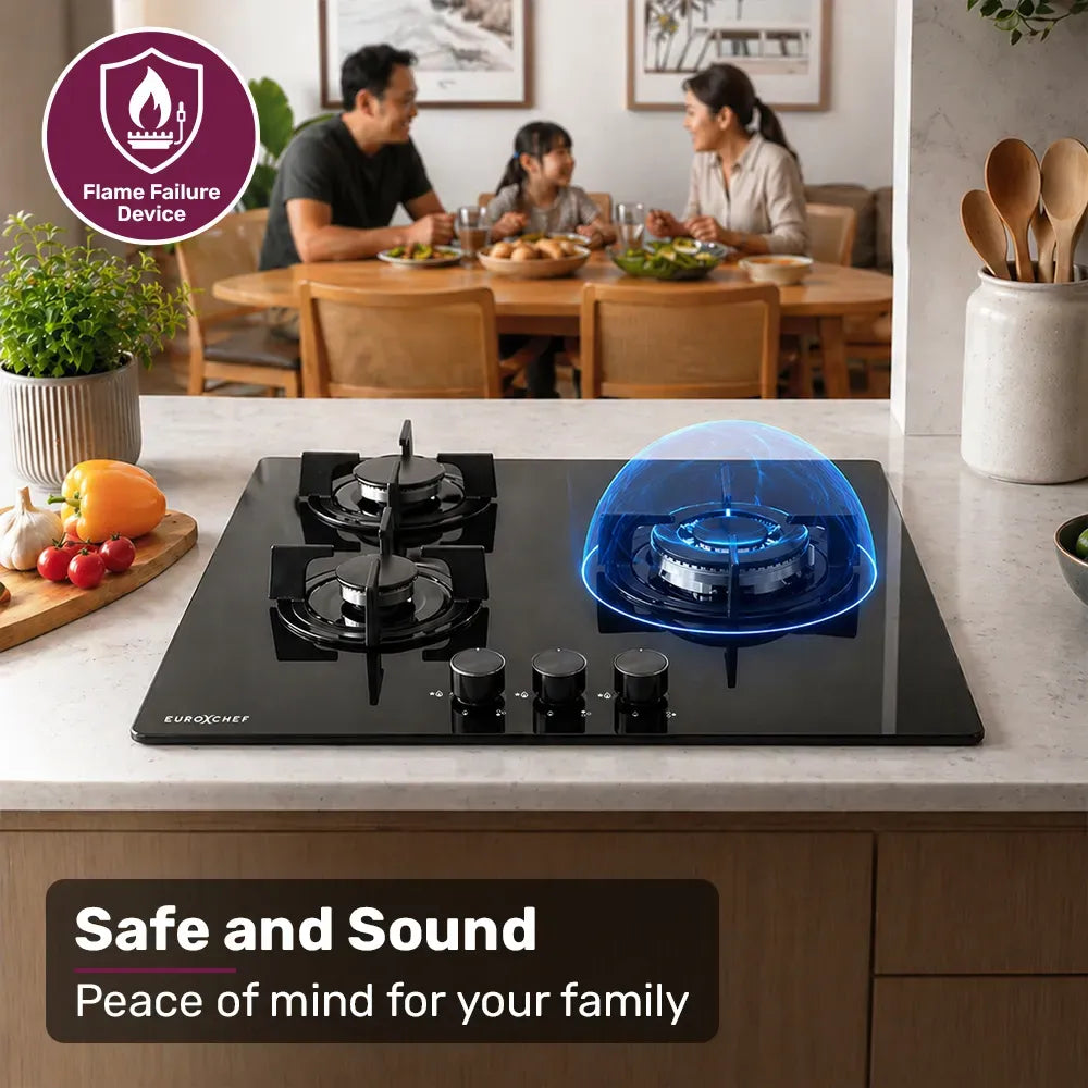 EUROCHEF 60cm 3 Burner Gas Cooktop, with Wok Burner, Tempered Glass, Natural Gas & LPG, Black