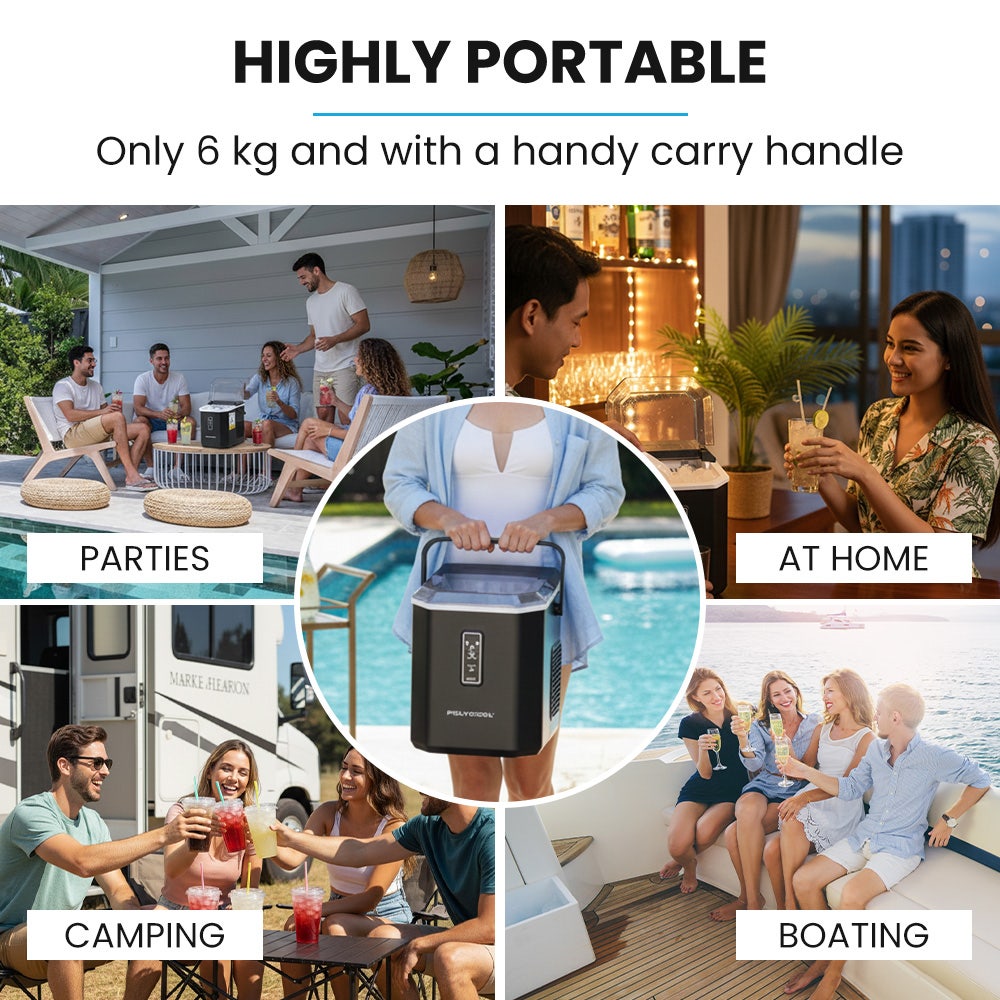 POLYCOOL Portable Ice Maker Machine, Automatic, 12kg/day, Auto Clean, with Scoop and Removable Basket, Black