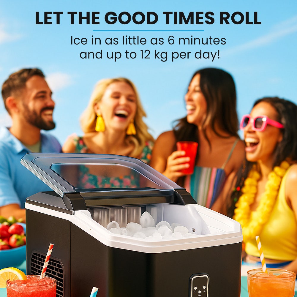 POLYCOOL Portable Ice Maker Machine, Automatic, 12kg/day, Auto Clean, with Scoop and Removable Basket, Black