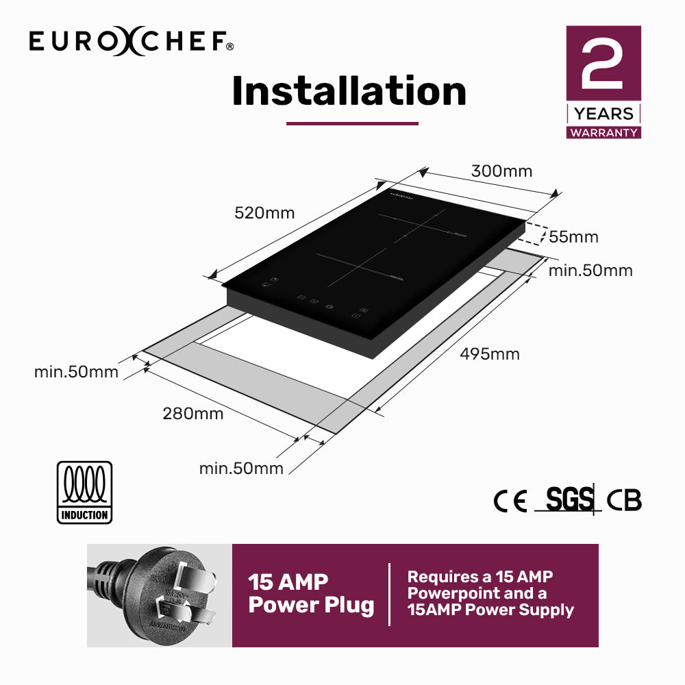 EuroChef 30cm 2 Zone Induction Cooktop 3300W Electric Touch Controls
