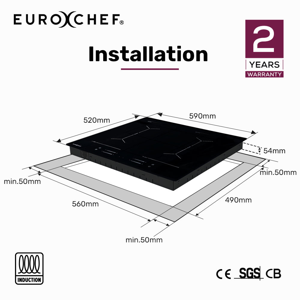 EuroChef 60cm 4 Zone Induction Cooktop 7200W Electric Touch Controls