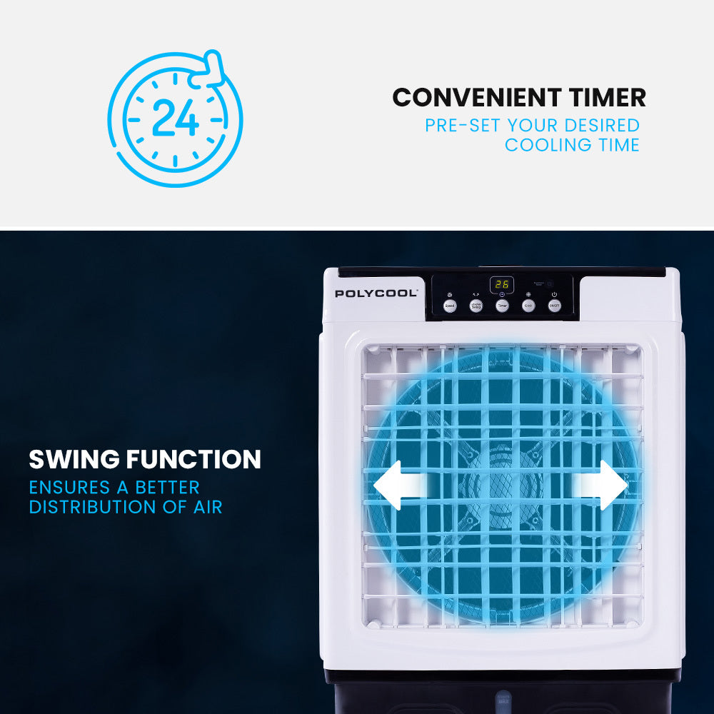 POLYCOOL 30L Evaporative Air Cooler Portable Industrial Fan, Purifier, Humidifier, Remote Control