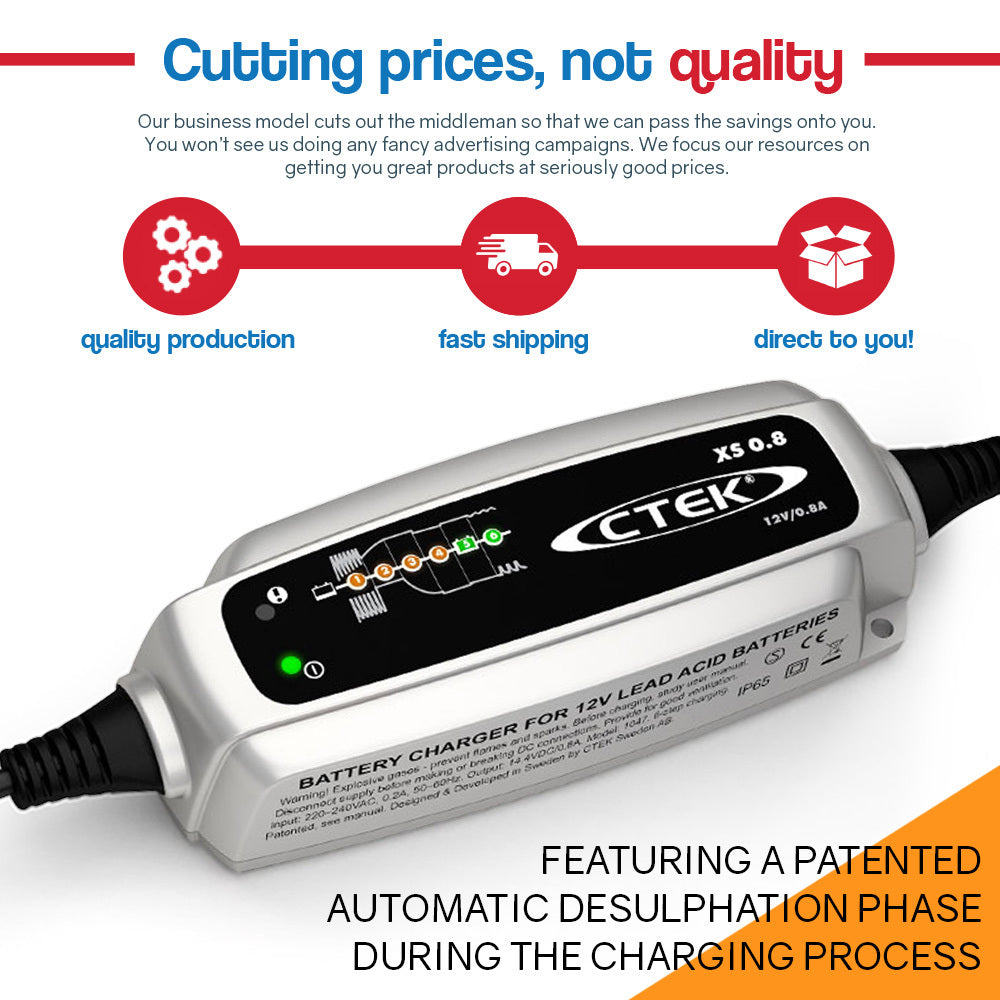 Compact 12V Smart Battery Charger 0.8A, IP65, CTEK