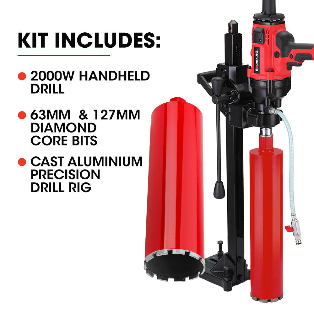 Baumr-AG 160mm Handheld Core Drill 2000W Wet/Dry with Stand and Bit Combo