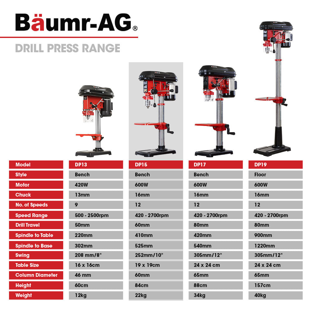 DP15 II 10" Pedestal Bench Drill Press 600W 12 Speeds 16mm Chuck