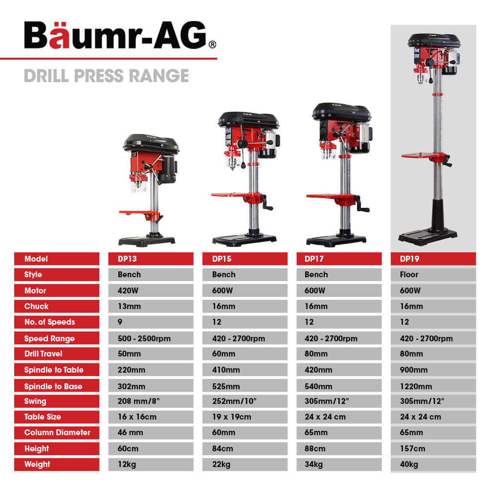 DP19 12" Pedestal Drill Press 600W 16 Speeds 16mm Chuck