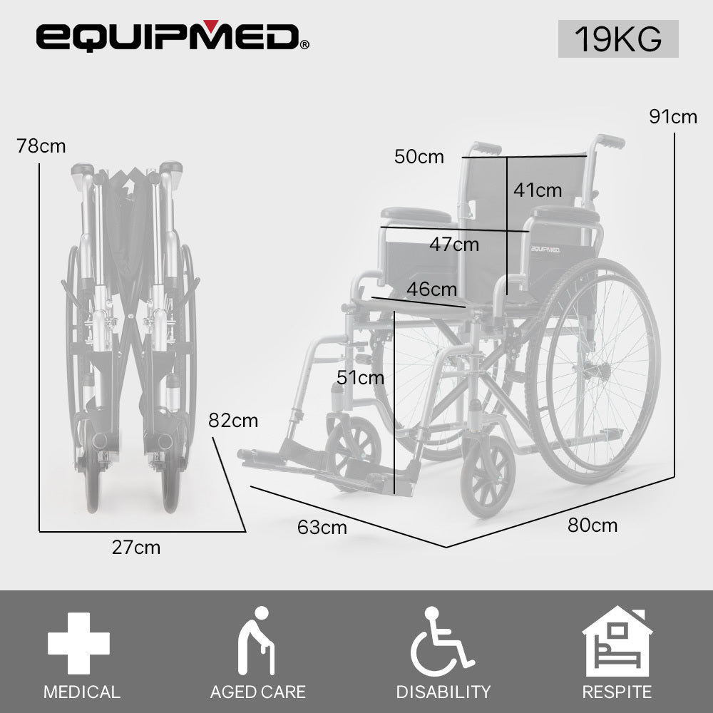 EQUIPMED 24 Inch Folding Wheelchair Lightweight Portable for Elderly and Disabled, Grey