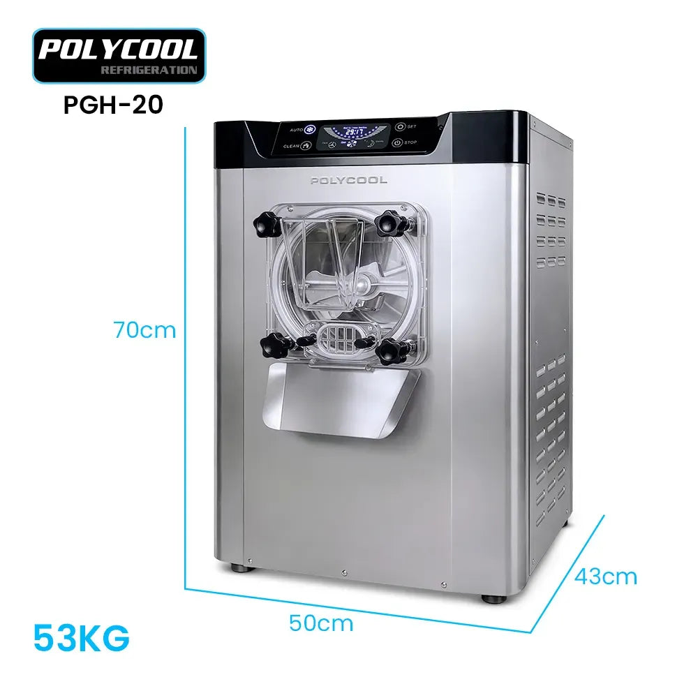 POLYCOOL Commercial 4L Benchtop Hard Ice Cream and Gelato Machine, 16L/hr output, 1400W, Stainless Steel, Digital Control Panel