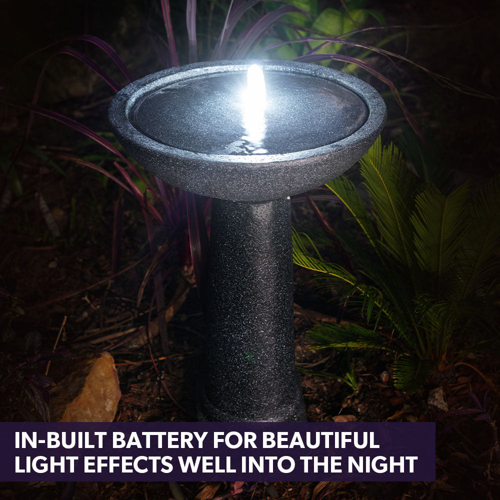 Protege Bird Bath Solar Water Feature Fountain, Contemporary Birdbath Design, with Panel Kit, LED Lights, Dark Grey