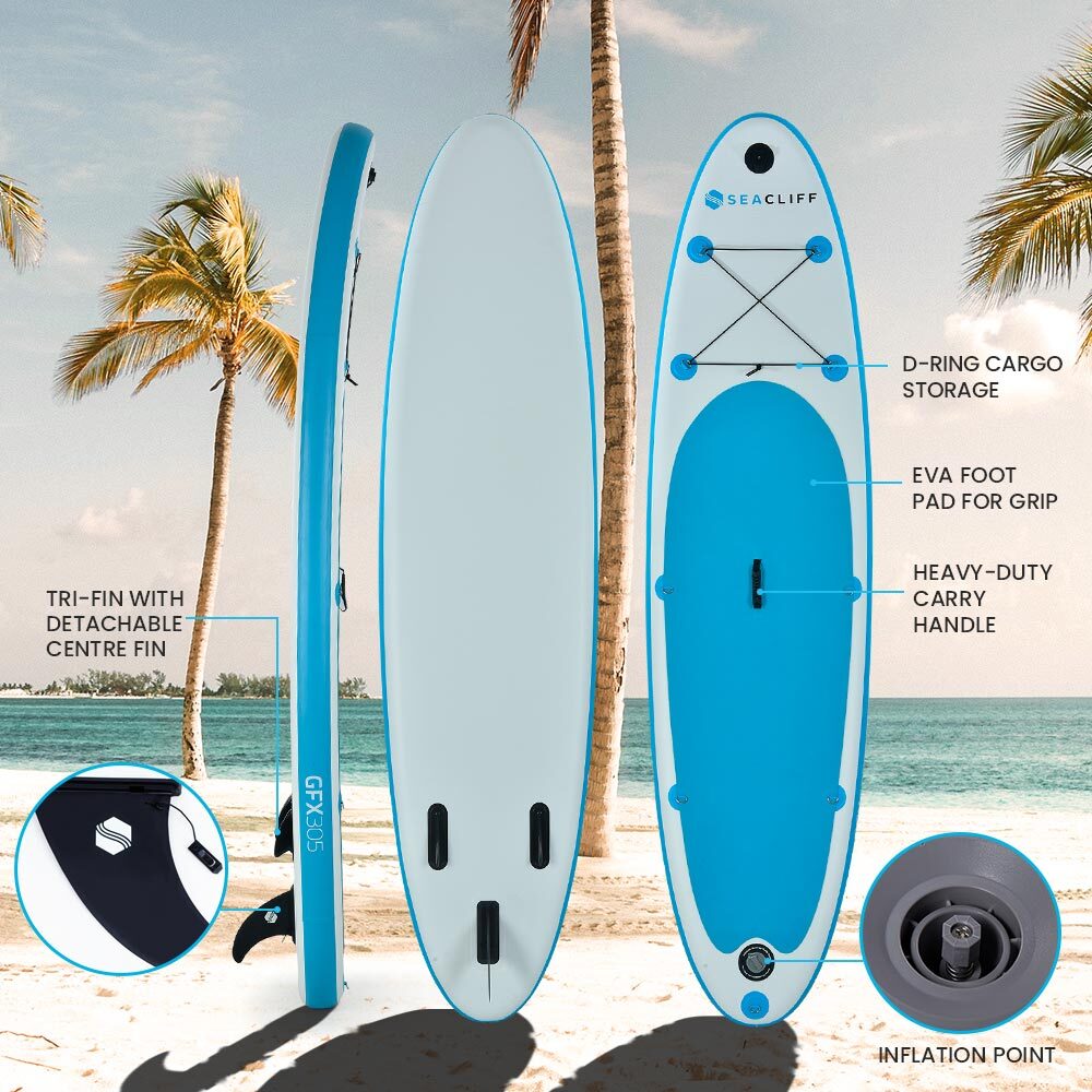 Rugged Inflatable Paddle Board Set 10ft, Telescopic Paddle, Seacliff