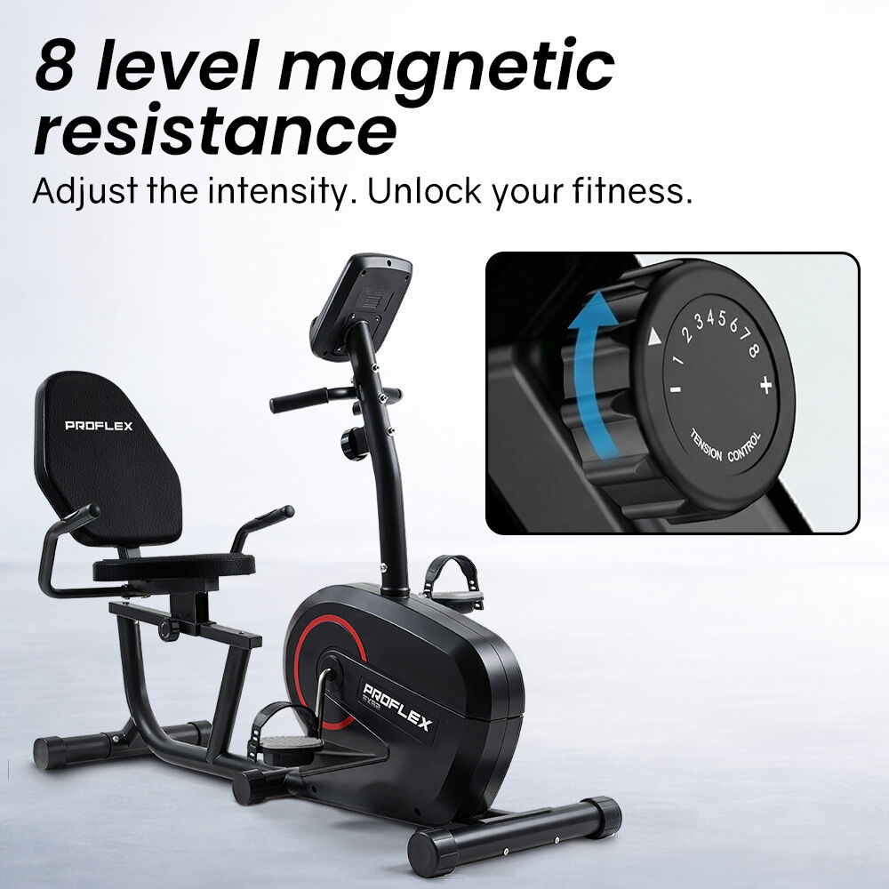 PROFLEX Magnetic Recumbent Exercise Bike, LCD Display, Heart Rate Sensors, Adjustable Seat, 8-Level Resistance, Comfortable Seated Home Cardio Fitness Machine