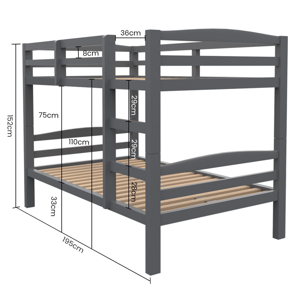 Convertible Wooden Bunk Bed Frame, Single Grey, Kingston Slumber