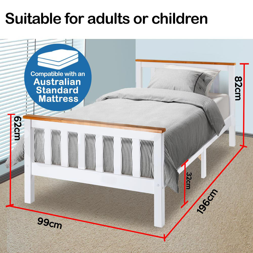 White Pine Wood Single Bed Frame, Timber Slats - Kingston Slumber