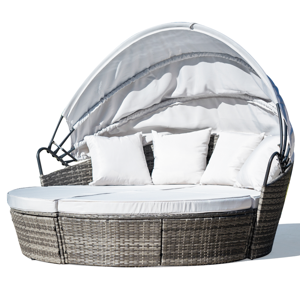 Premium 3PC Patio Daybed Set, Retractable Canopy - London Rattan