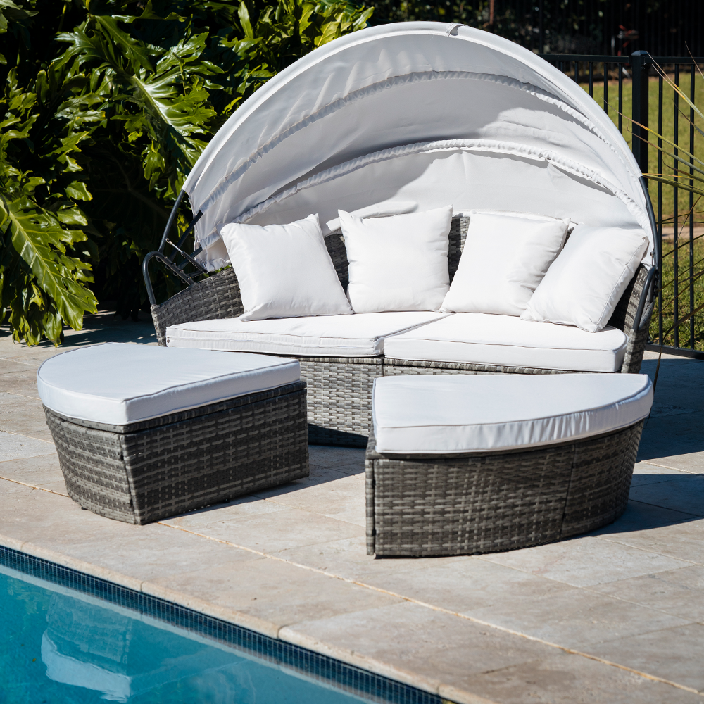 Premium 3PC Patio Daybed Set, Retractable Canopy - London Rattan