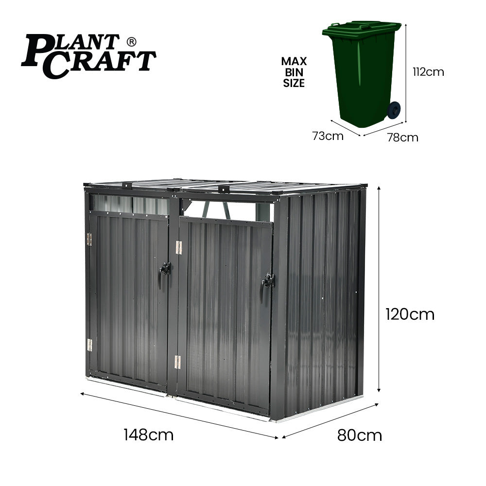 PlantCraft Double Steel Garbage Bin Storage Shed 2 Doors