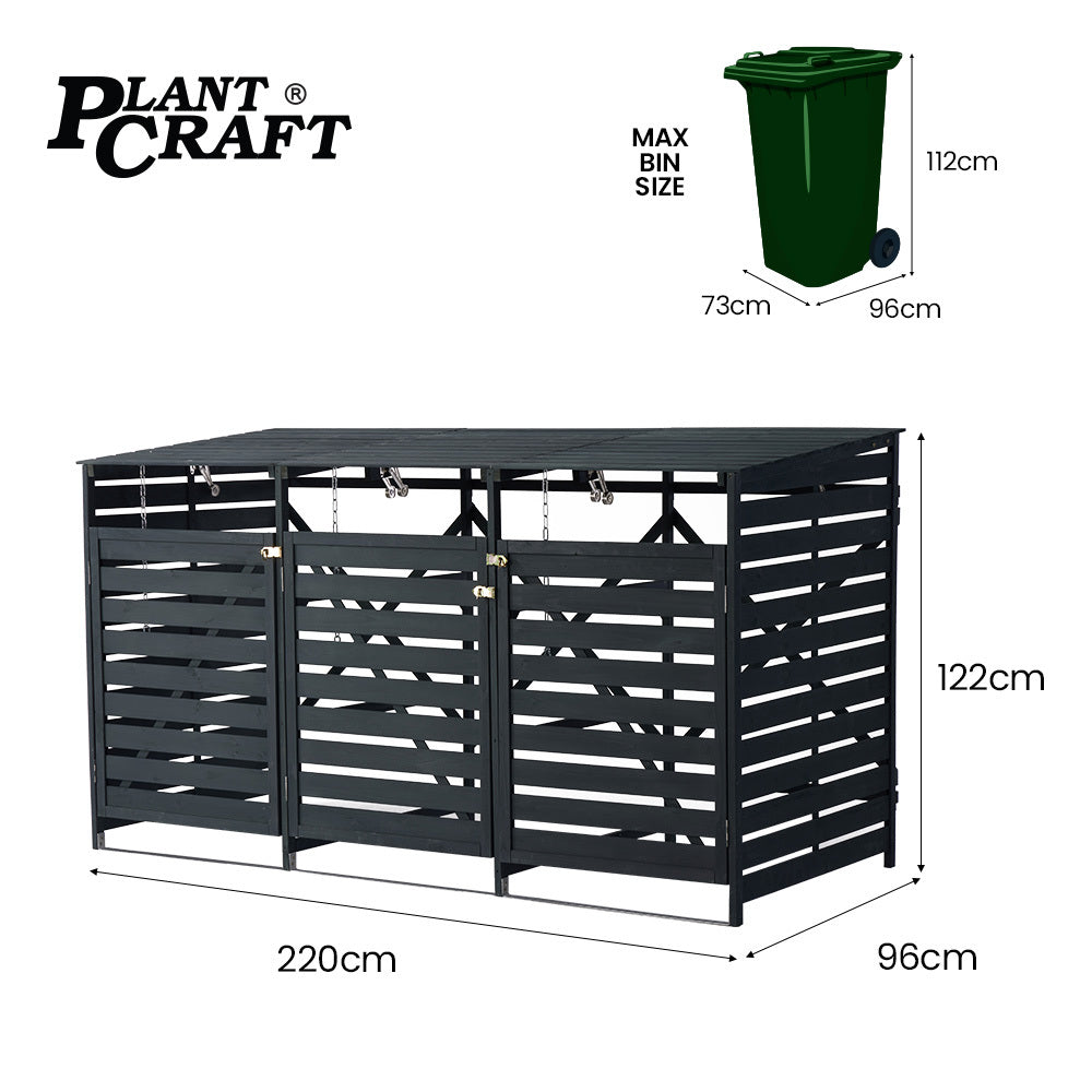 PlantCraft Triple Wood Wheelie Bin Storage Shed 3-Door Enclosure