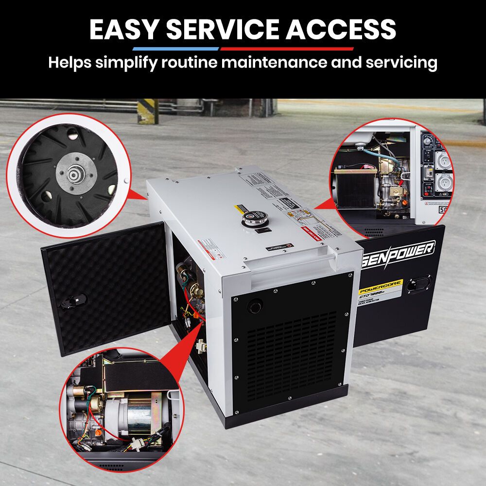 GENPOWER 7kW Peak 5kW Rated Commercial Diesel Generator, Three Phase 415V, Electric Start, Sound-Insulated, RCD Safety Switch, Worksite & Backup Power