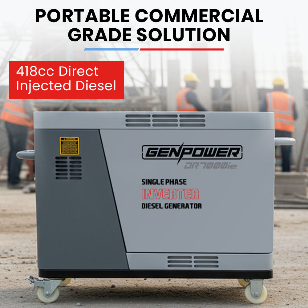 GENPOWER 6.5kW Peak 5kW Rated Diesel Inverter Commercial Generator, Electric Key Start, 2 x 15A, RCD Safety Switch, Wheels, Worksite, Home Backup