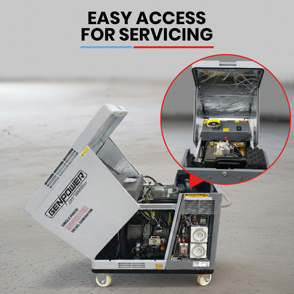 GENPOWER 6.5kW Peak 5kW Rated Diesel Inverter Commercial Generator, Electric Key Start, 2 x 15A, RCD Safety Switch, Wheels, Worksite, Home Backup